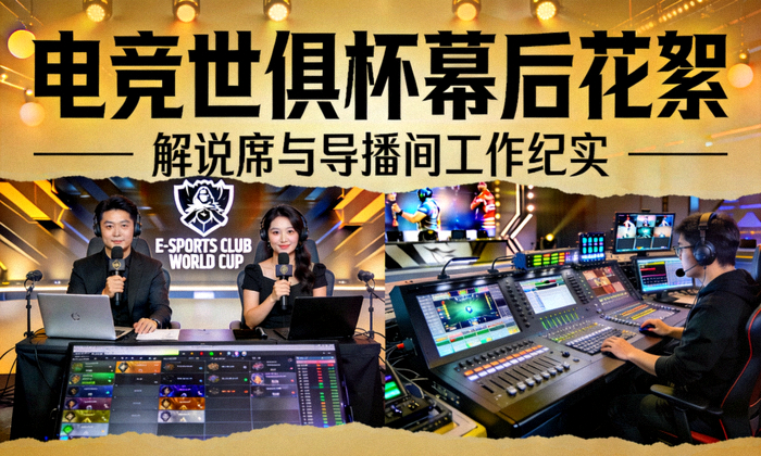 电竞世俱杯赛场幕后花絮封面，解说席与导播间工作场景